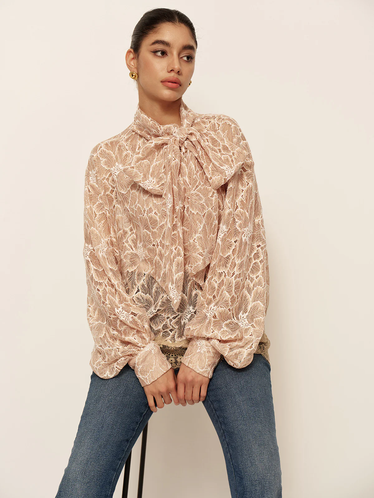 Semi-Sheer Bow-Front Lace Blouse